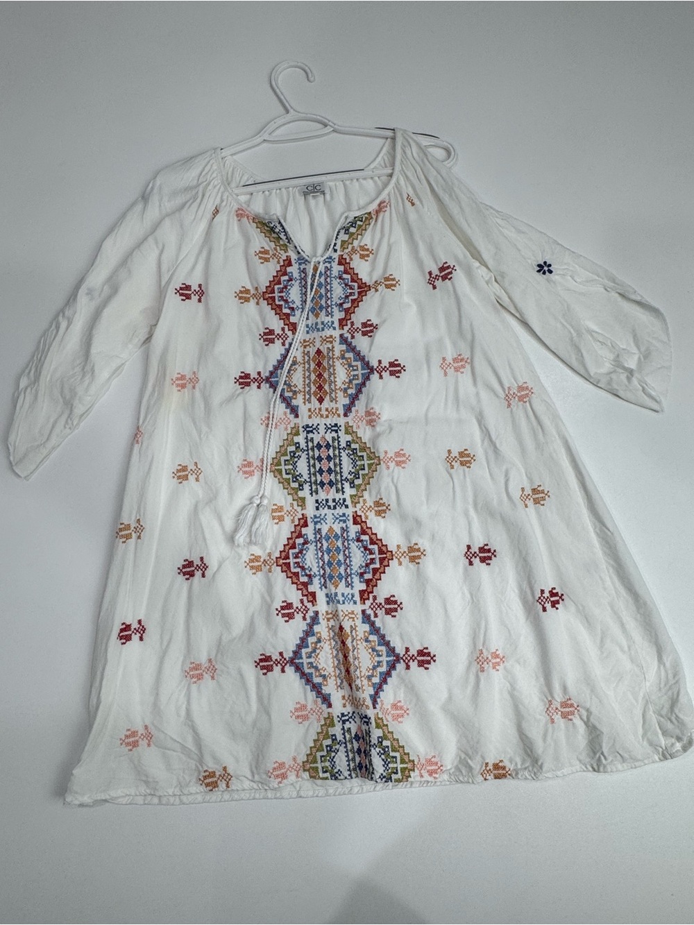 Chic Connection Dress Sz M  White Embroidered Aztec Boho Tunic Western Cotton